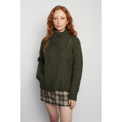 Women's Irish Cable Knit Side Zip Cardigan - Army Green